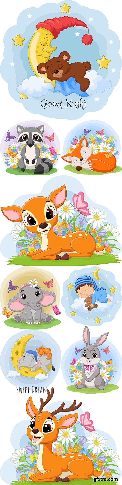Cartoon animals with flowers and butterflies illustration