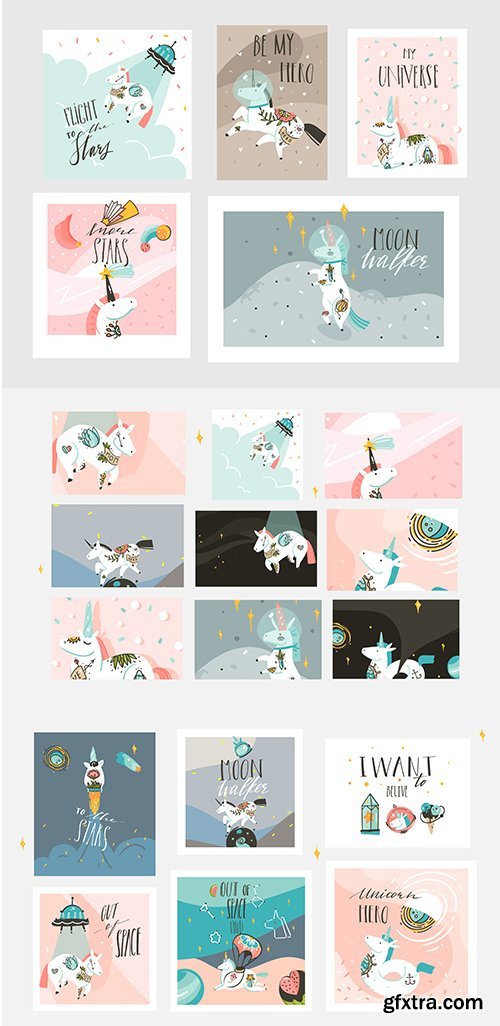 Hand-Drawn Abstract Creative Cartoon Illustrations Cards with Astronaut Unicorns