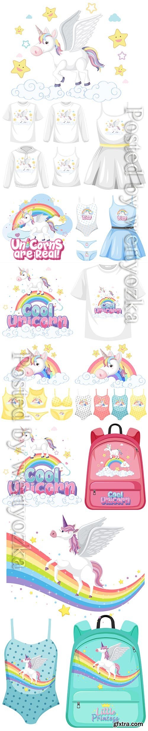 Set of girl outfits, cute unicorn premium vector