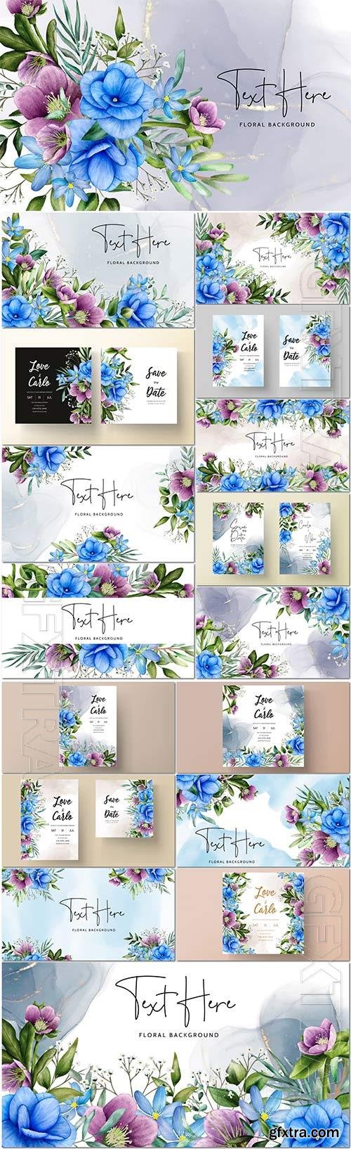 Watercolor floral and leaves wedding invitation card template vector