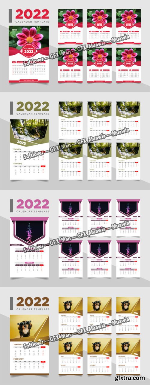 Creative 2022 Wall Calendars [12 Months] - 4 Vector Templates