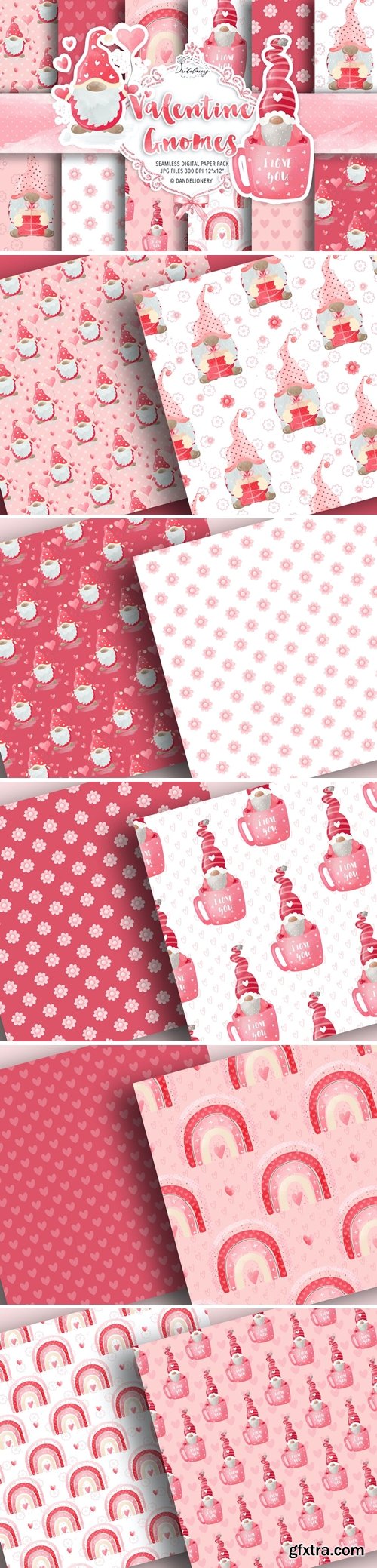 Valentine Gnomes digital paper pack