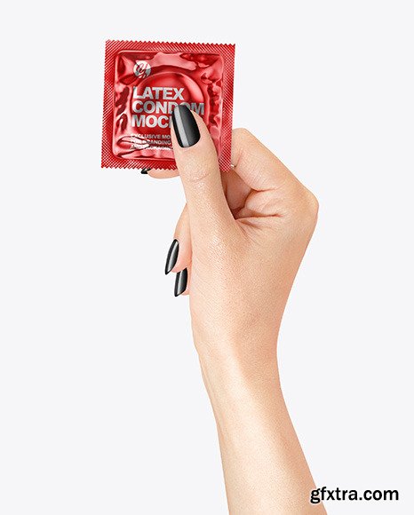 Glossy Metallic Square Condom Packaging in a hand mockup 94967