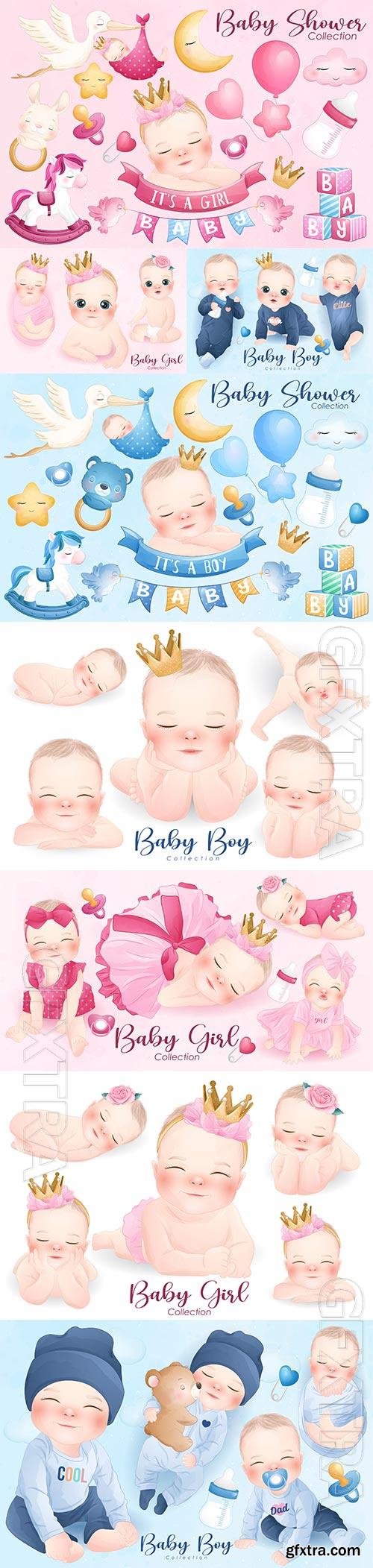 Cute baby girl and boy in watercolor style collection vector