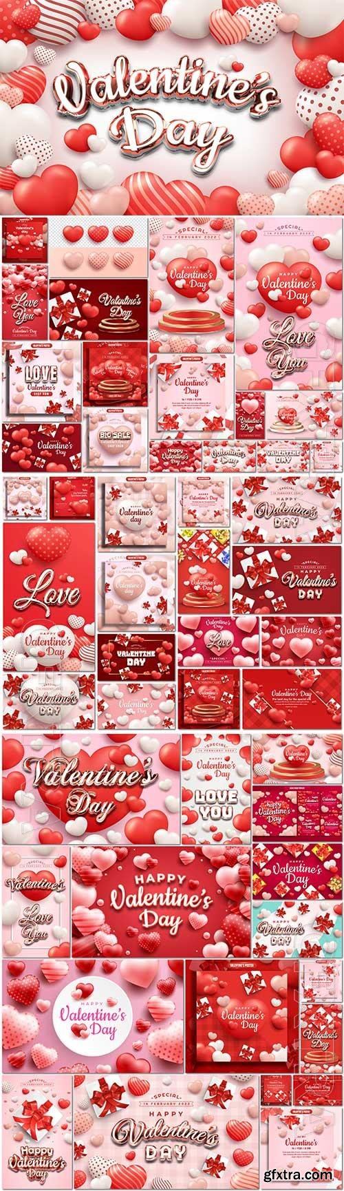 Romantic valentines day vector sett with gift box and realistic hearts Romantic valentines day vector sett with gift box and realistic hearts