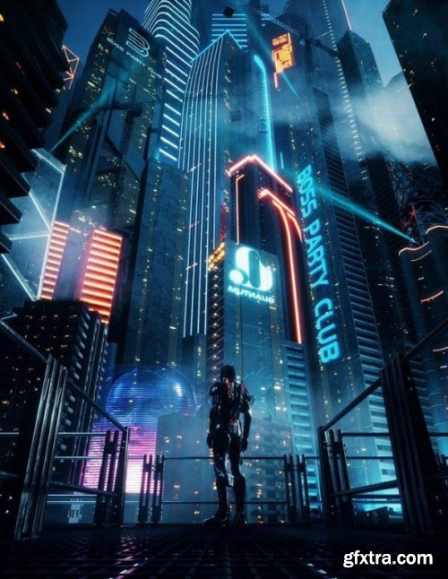 C4D Octane render Cyberpunk city Batman Gotham City CBD Skyscrapers