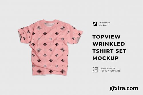 CreativeMarket - Top view Wrinkled Tshirt Set Mockup 6932498