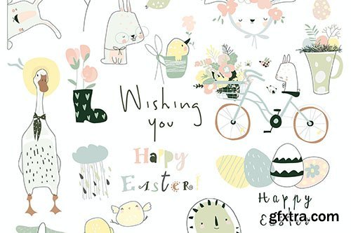 Vector cartoon Easter set with flowers ,easter egg