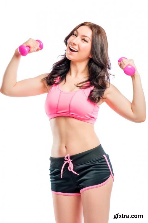 Athlete with pink dumbbells isolated
