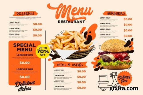 Digital restaurant menu horizontal format template with burger and fries