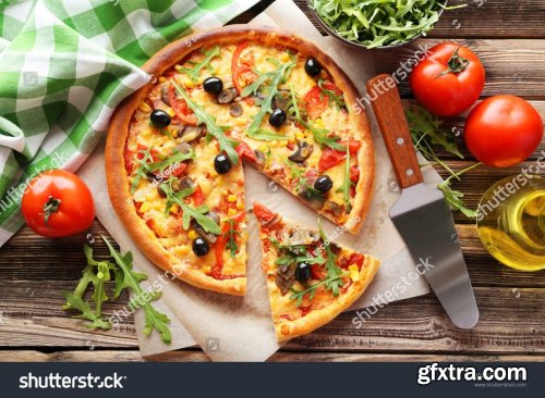 Fresh pizzas with tomatoes, cheese and mushrooms on wooden table closeup - Stock Photos