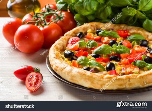 Fresh pizzas with tomatoes, cheese and mushrooms on wooden table closeup - Stock Photos