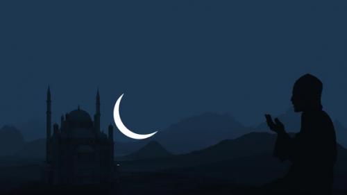 Videohive - A Muslim prays against the backdrop of a mosque and the rising moon. Ramadan holiday. - 36976082 - 36976082