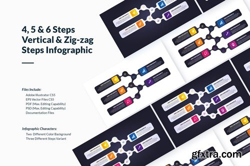 Vertical Zig-Zag Steps Infographics 4, 5 & 6 Steps