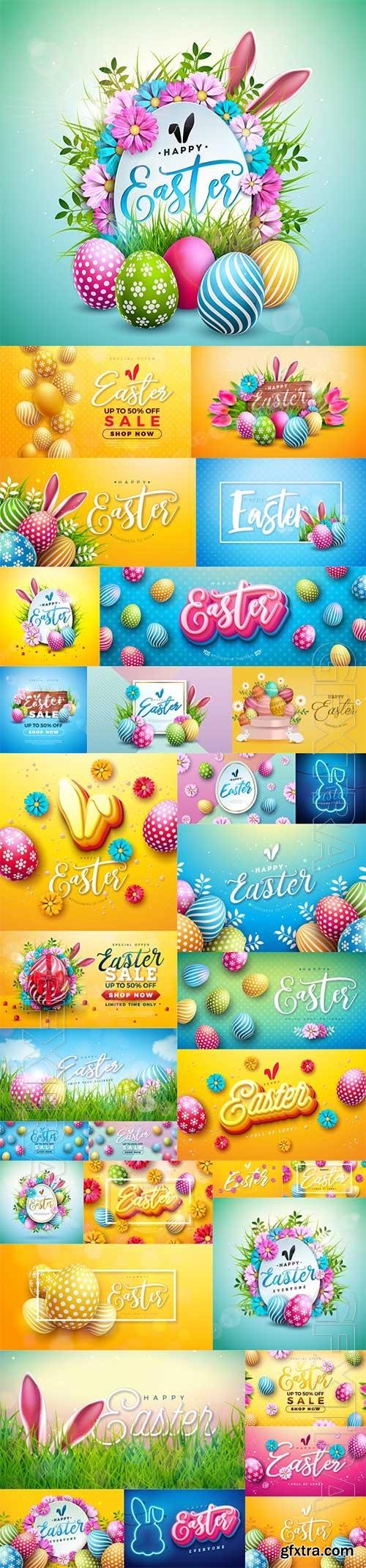 Vector illustration of happy easter holiday with colorful egg and bunny