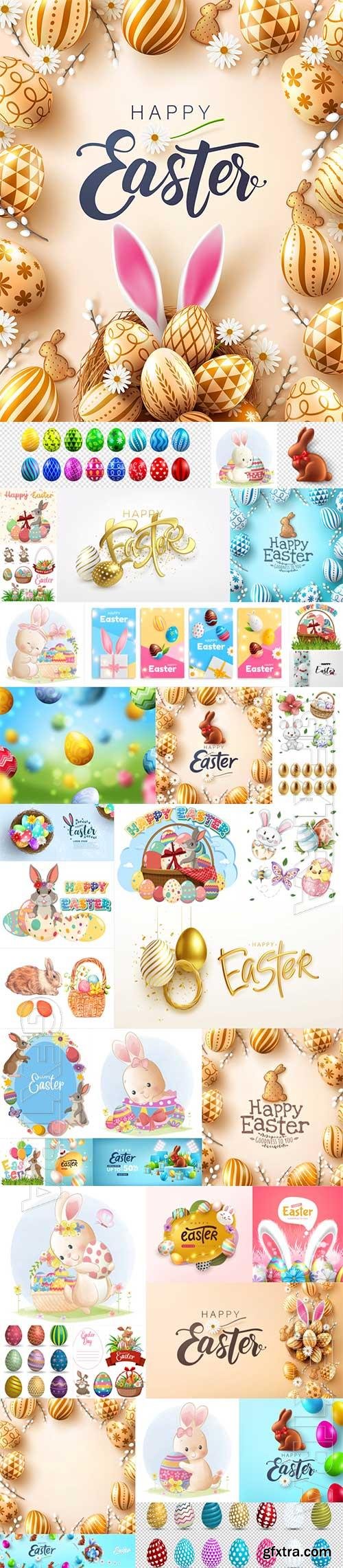 Easter poster and banner template with golden easter eggs in the bunny