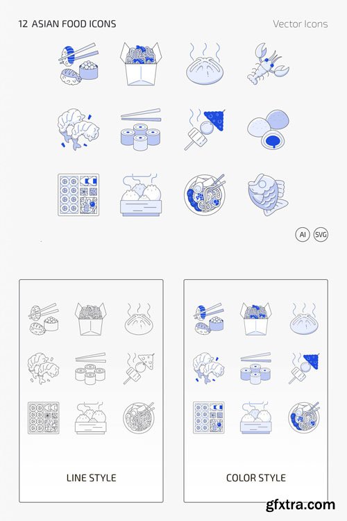 12 Asian Food Vector Icons Templates