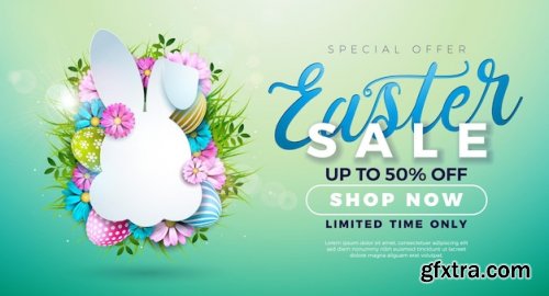 Easter sale illustration with color painted egg spring flower and rabbit face shape Premium Vector