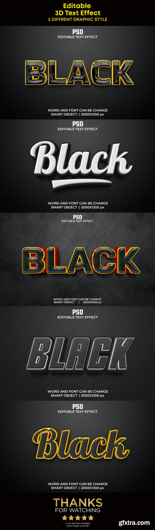 GraphicRiver - 5 Black 3D Editable Text Effects Pack 37083488