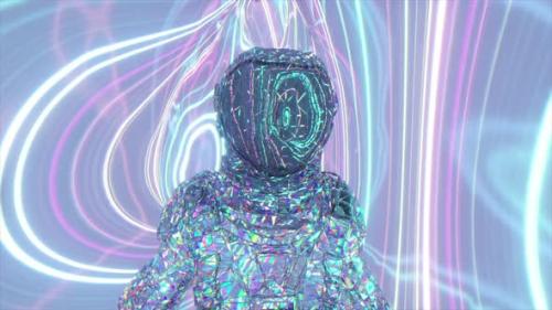Videohive - An Astronaut in a Diamond Suit Walks Against the Backdrop of Pink and Blue Glowing Neon Lines - 37520681 - 37520681