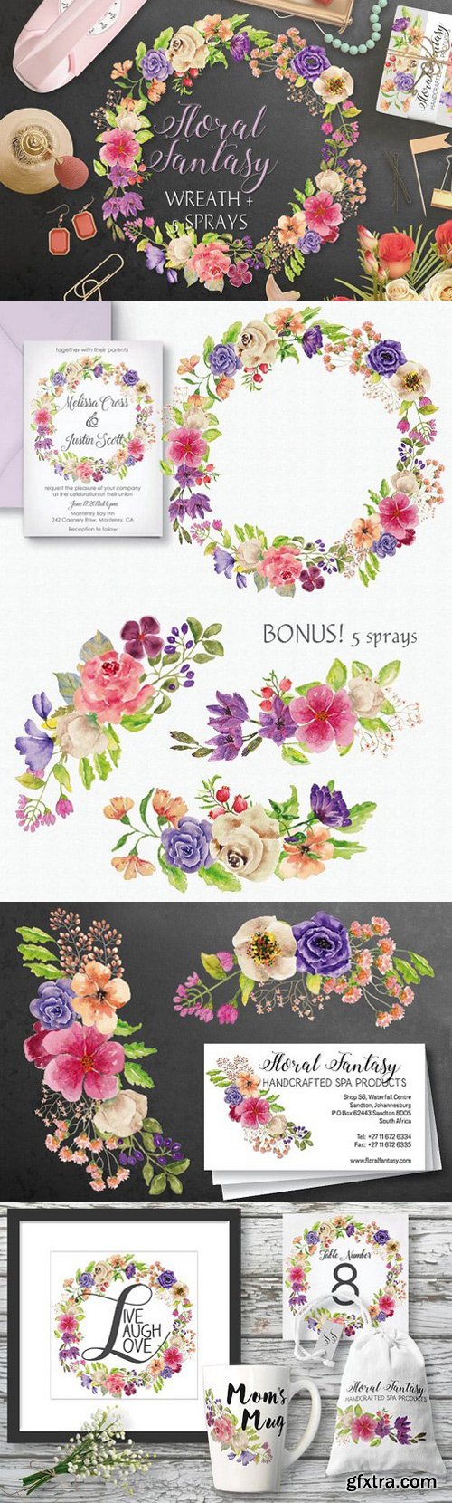 Watercolor wreath of mixed florals