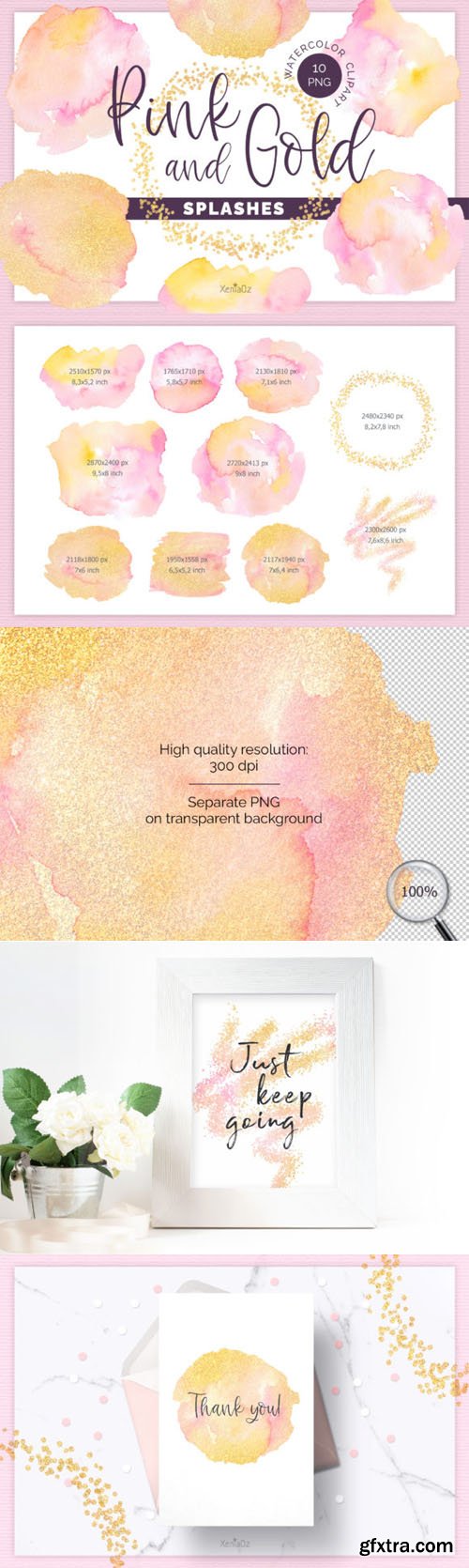 Pink & Gold Splashes - 10 Watercolor Cliparts