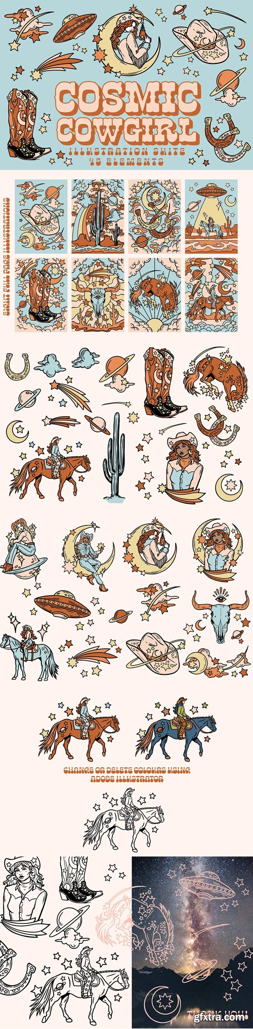 CreativeMarket - Cosmic Cowgirl &ndash; Illustrations - 7171922