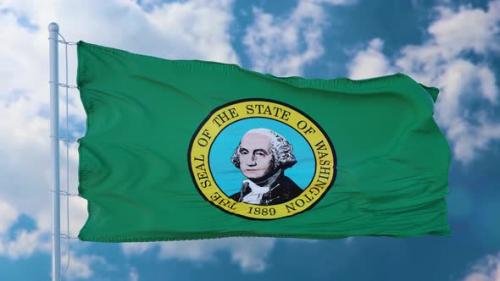Videohive - Washington State Flag on a Flagpole Waving in the Wind Blue Sky Background - 38304689 - 38304689