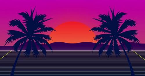 Videohive - Miami 80s style background animation. Purple layout design. Red sun, mountains and palm trees - 38492280 - 38492280