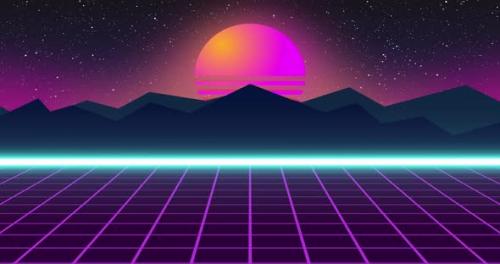 Videohive - Synthwave, retrowave or vaporwave neon background animation. Sun and mountain - 38492568 - 38492568