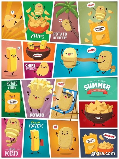Vintage summer poster with potato potato chips character