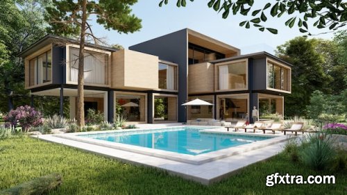 3d rendering of a large modern contemporary house