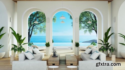 Luxury house and resort on the beach for sea views and living 3d rendering