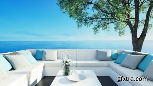 Luxury house and resort on the beach for sea views and living 3d rendering