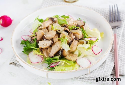 Salad king oyster mushrooms with sesame seeds