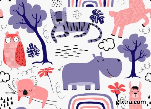 Vector seamless pattern with cute animals