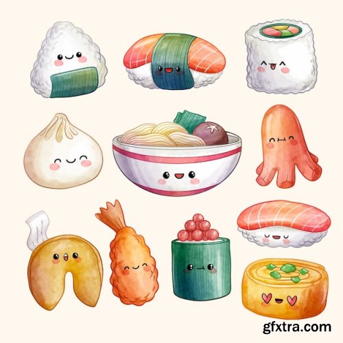 Watercolor kawaii Food set