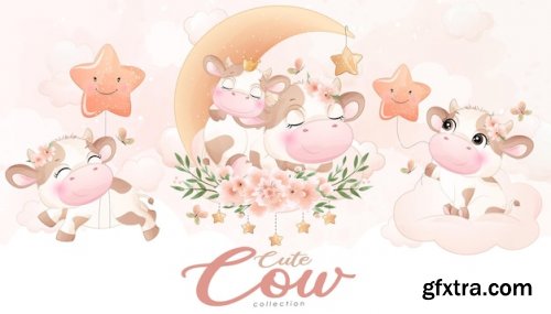 Cute doodle cow with floral set with watercolor illustration