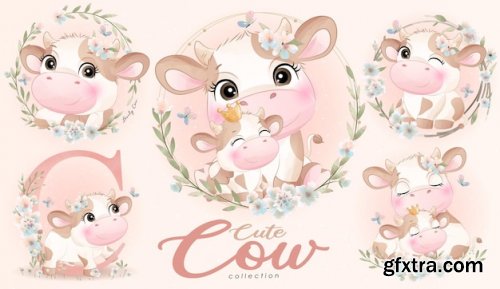 Cute doodle cow with floral set with watercolor illustration