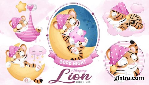 Cute doodle tiger baby shower with watercolor illustration set 