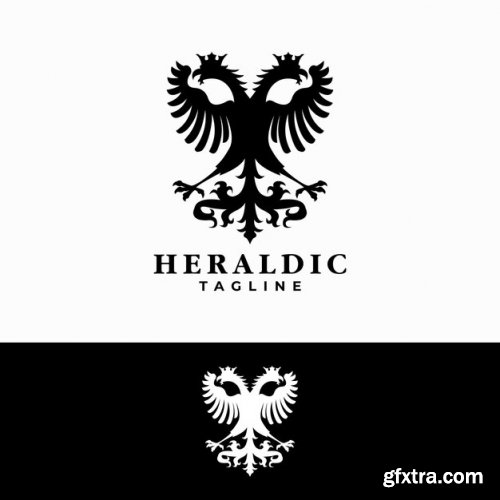 Heraldic graphic of ancient bird eagle luxury rampant animal illustration in white background