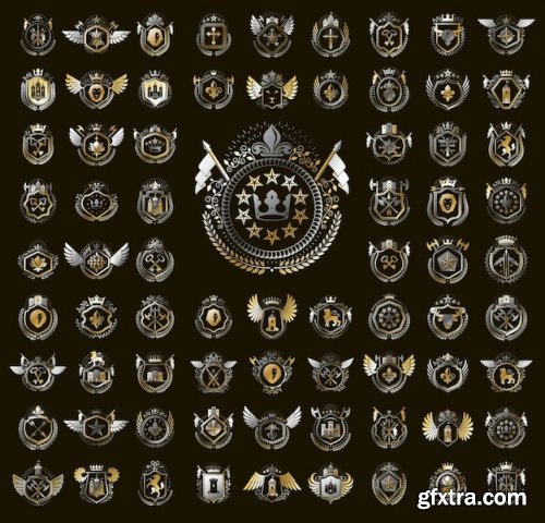 Heraldic coat of arms vector big set, vintage antique heraldic badges and awards collection
