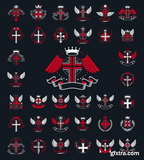 Heraldic coat of arms vector big set, vintage antique heraldic badges and awards collection