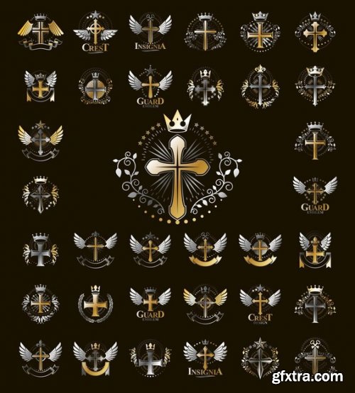 Heraldic coat of arms vector big set, vintage antique heraldic badges and awards collection
