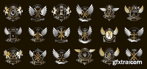 Heraldic coat of arms vector big set, vintage antique heraldic badges and awards collection