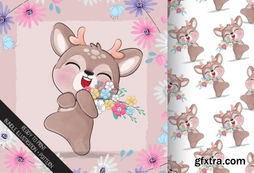 Cute pretty deer illustration illustration and pattern set