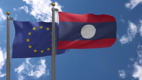 Videohive - European Union Flag Vs Laos Flag On Flagpole - 38837083 - 38837083