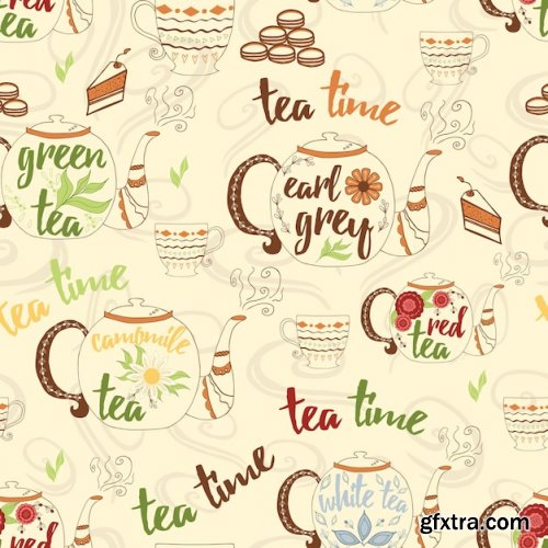 Bright hand drawing seamless texture with cute teapots cups cake fresh steam tea