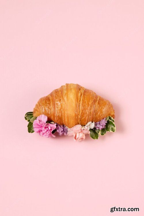 Croissants and flowers arrangement