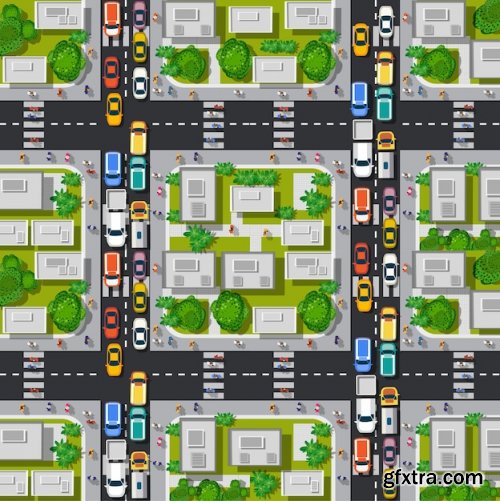 Road top view with highways many different vehicles